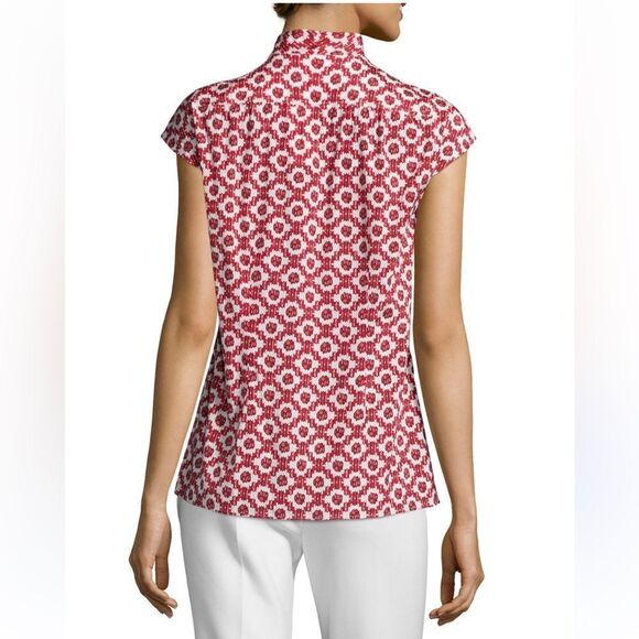 Tory Burch 10 Red White Pattern Cap Sleeve Neck Tie Silk Blouse - Picture 2 of 14